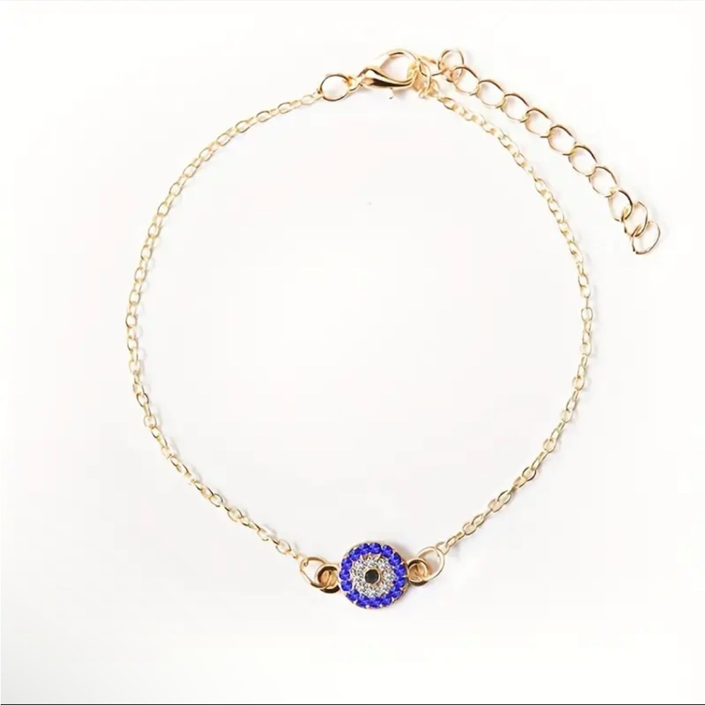 NEW IN BOX 🔥 EVIL EYE SLIDES FREE ANKLET 18K GOLD PLATED  7 OPEN TOE COMY BLUE - Picture 5 of 10